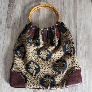 Tommy Bahama Tapestry, Leopard, Palm Trees, Hobo Bag, Dual Bamboo Ring, EUC